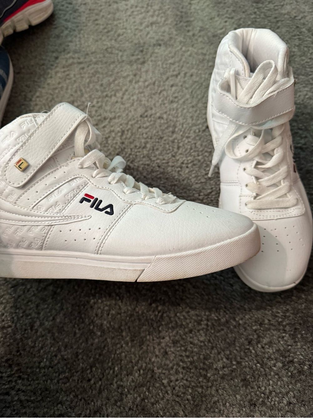FILA White High-Top Sneakers with Navy and Red Logo Accents